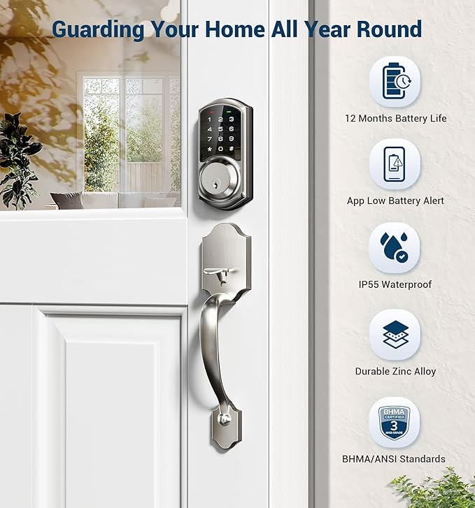 Veise VE06-H Smart Front Door Lock Set, App Control, Keyless Entry Deadbolt with Lever Handle, Electronic Digital Touchscreen Keypad, Auto Lock, Easy Install, Satin Nickel