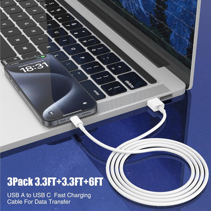Car Carplay Cable for iPhone 16 15 Pro Plus Pro Max，3-Pack [3.3FT+3.3FT+6FT] USB A to USB C Cable for iPhone 16 15，for iPad Pro/Air/Mini，for Samsung Galaxy S24/S23/S22，for MacBook Pro/Air and More