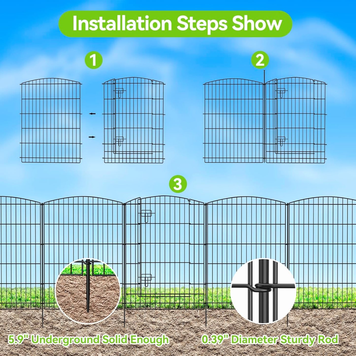 INJOPEXI Decorative Garden Fence 6 Panels 13ft (L)×36in (H) Animal Barrier Fences with 5 Panels + 1 Gate, No Dig Garden Fencing Rustproof Metal Wire Temporary Rabbit Dog Fence for Patio Outdoor Yard