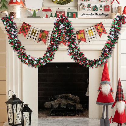 50 Feet Green Red Christmas Metallic Tinsel Twist Hanging Garland with Snowflake for Home Mantle Xmas Tree Staircase Railing New Year Holiday Party Indoor Outdoor Decorations