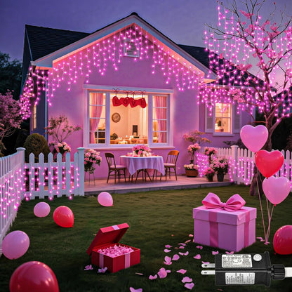 66ft Pink LED Icicle String Lights Indoor for Bedroom, 640 LED Patio Lights for Outside Clear Wire Connectable Twinkle Light with 8 Modes Timer Waterproof for Party Wedding Decoration