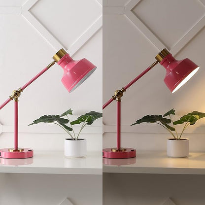 JONATHAN Y 18.5" Pink/Brass Gold Adjustable Cantilever LED Task Lamp with USB Charging Port, Vintage Farmhouse Desk Lamp for Home Office Reading, Metal Shade (JYL7124D)