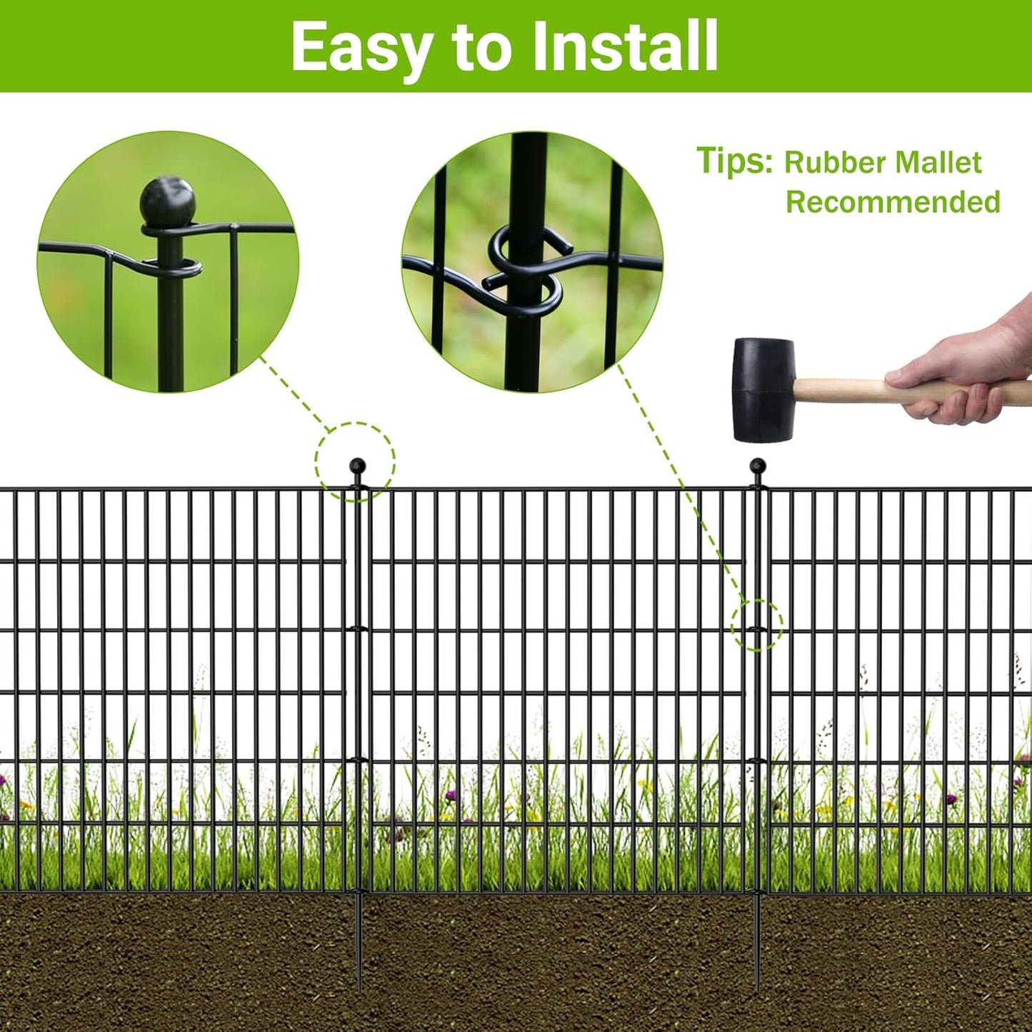 15 Panels No Dig Decorative Outdoor Garden Fence with Gate for Yard, 32 in(H) X 35.4 ft(L) Animal Barrier Fencing Rustproof Metal Wire Panel Border for Dog, Rabbits, and Patio Temporary Ground Stakes