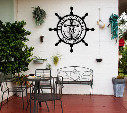 Personalized Ship Wheel Metal Sign, Customized Nautical Wall Decor, Anchor Compass Metal Sign, Family Name Sign, Monogram Wall Decor, Last Name Signs for Home, Housewarming Gift