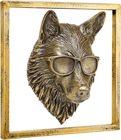 JJALIGHTS Animal Heads Wall Decor (Includes Metal Frame) Resin Animals Sculptures Head Wall Hanging Decoration Imitation Copper vintage Wall Sculpture for Living Room Bedroom Office (Wolf)