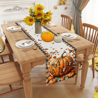 Linen Black and White Buffalo Check Plaid Fall Table Runner 72 Inches Long, Fall Leaves Pumpkin Butterfly Home Kitchen Table Decor, Farmhouse Autumn Thanksgiving Harvest Festival Decorations for Home