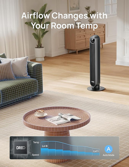DREO Tower Fan for Bedroom, 2026 Upgraded DC Motor, 28ft/s High Velocity, 20dB Ultra Quiet Standing Fan, 8 Speeds 4 Modes, 90° Oscillating Bladeless Fan for Indoors, Floor Fans with Remote, Black