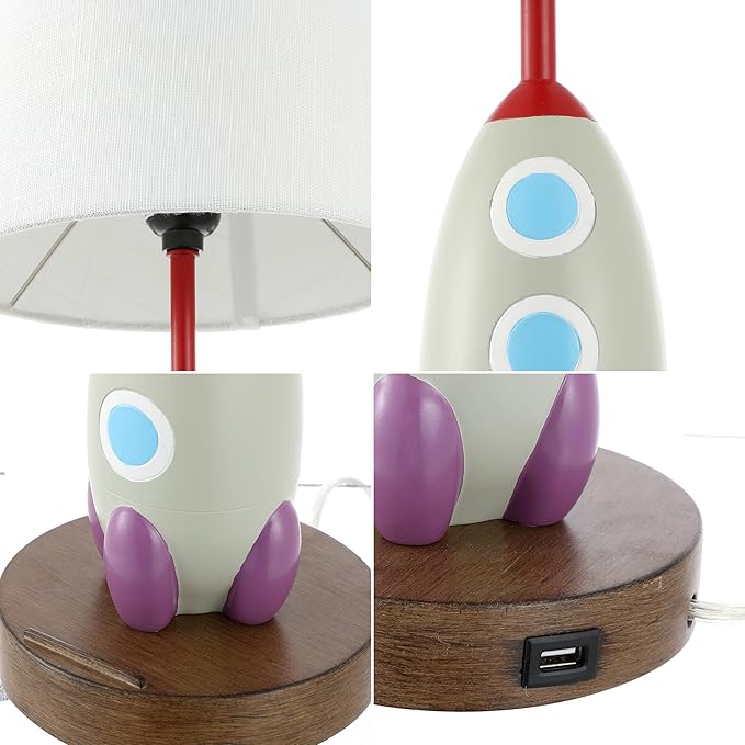 JONATHAN Y 17.5" Multi-Color Rocket LED Kids' Table Lamp with USB Charging Port and Phone Stand, Mid-Century Resin Space-Themed Lamp for Bedroom, LED Bulb Included JYL6310A