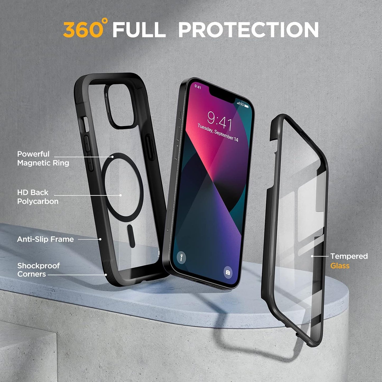 Miracase Glass Series Designed for iPhone 13 Case 6.1 inch, 2023 Upgrade Full-Body Magnetic Clear Bumper Case with Built-in 9H Tempered Glass Screen Protector,Black