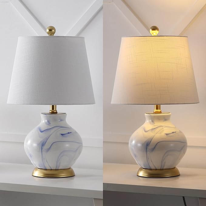 JONATHAN Y 20.5" Blue/White Marbleized Ceramic Table Lamp, Contemporary Traditional Bedside Lamp for Living Room, Gold Accents, White Linen Empire Shade, LED Bulb Included JYL3007A