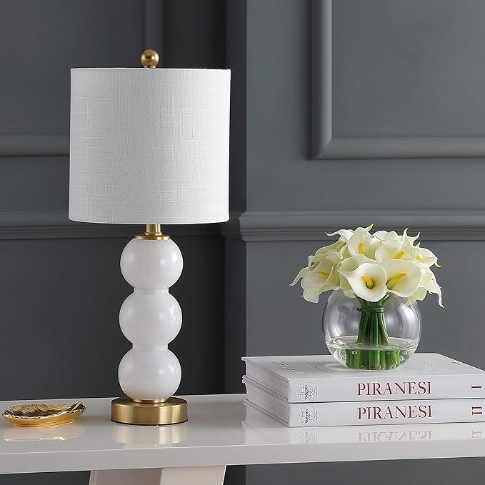 JONATHAN Y 21" White/Brass Gold Glass Table Lamp for Bedroom and Living Room, White Linen Shade, Modern Stacked Sphere Bedside Lamp, LED Bulb Included JYL1021A