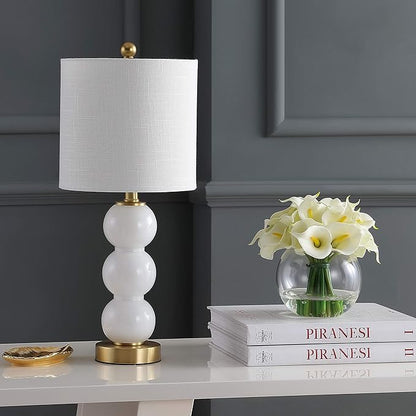 JONATHAN Y 21" White/Brass Gold Glass Table Lamp for Bedroom and Living Room, White Linen Shade, Modern Stacked Sphere Bedside Lamp, LED Bulb Included JYL1021A