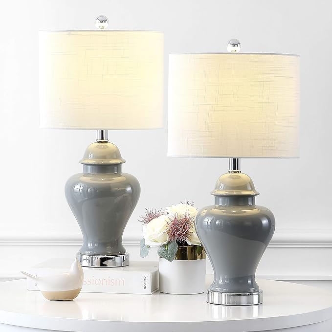 JONATHAN Y 22" Gray Ceramic Table Lamp Set of 2 for Bedroom Living Room, White Linen Shade, Traditional Ginger Jar Nightstand Lamp, Classic Cottage LED Lights (JYL6602B-SET2)