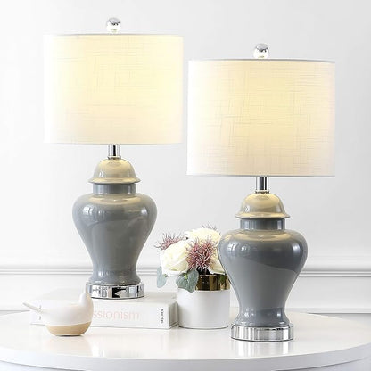 JONATHAN Y 22" Gray Ceramic Table Lamp Set of 2 for Bedroom Living Room, White Linen Shade, Traditional Ginger Jar Nightstand Lamp, Classic Cottage LED Lights (JYL6602B-SET2)