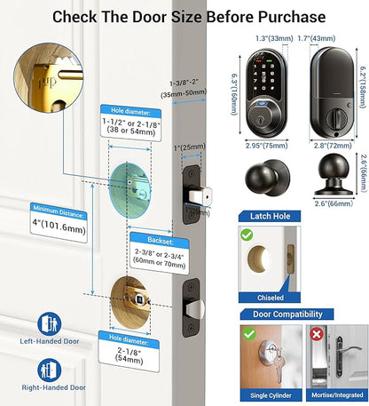 Veise RZ07C Smart Locks for Front Door, 2 Knob Handle Set, Fingerprint Keyless Entry, App Control Biometric Lock, Electronic Digital Touchscreen Keypad Deadbolt, Easy Install, Auto Lock, Matte Black