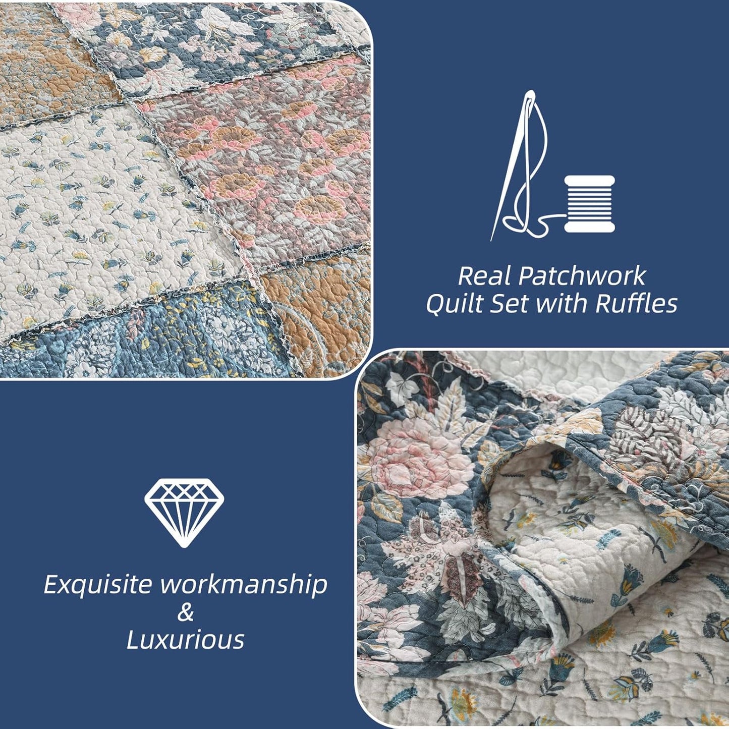 Yvooxny 3-Piece Quilt Set Queen Size Quilted Bedspread Reversible Country Style Blue Floral Paisley Real Patchwork Bedding Quilt Set with Ruffles with Pillowcases for All Seasons, 98 * 90 Inches