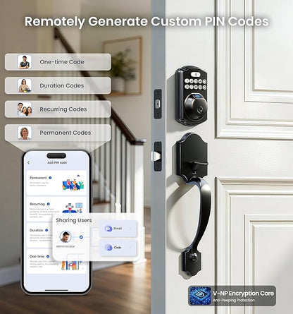 Veise VE012W-H WiFi Smart Front Door Lock Set, Built-in WiFi, App Remote & Voice Control, Fingerprint Keyless Entry Smart deadbolt with Handle, Backlit Keypad, Auto Lock, IP55 Waterproof, Matte Black