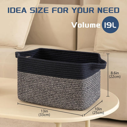 Storage Basket for Organizing, Woven Baskets for Storage, Rectangle Decorative Baskets for Shleves, Closet, Toys, Books, Nursery Organizer Bins - Pack of 3 (Blue & Black)