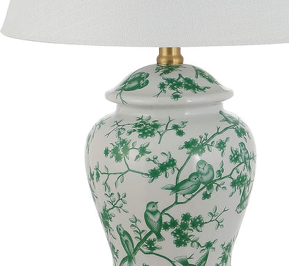JONATHAN Y 22" White/Green Ceramic Table Lamp, French Country Chinoiserie Ginger Jar LED Bedside Lamp for Living Room Bedroom, White Linen Shade (JYL3005B)
