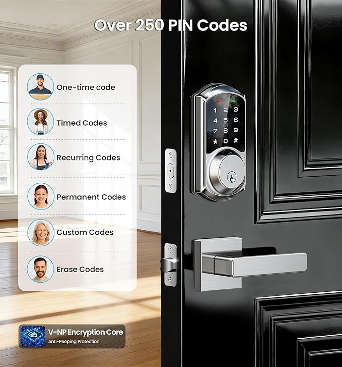 Veise VE06-L Smart Locks with 2 Lever Handle Set, App Control, Keyless Entry Deadbolt for Front Door, Electronic Digital Touchscreen Keypad, Auto Lock, Waterproof, Easy Installation, Satin Nickel