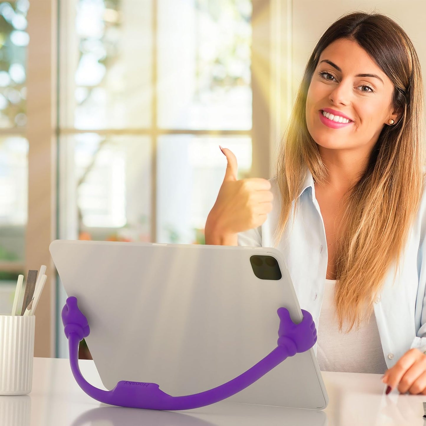 Honsky Thumbs Up Tablet Stand, Portable Monitor Stand Holder for Desktop, Universal Cute Purple