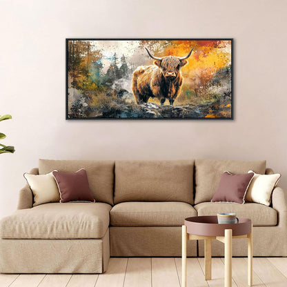 QZQCBLC Highland Cow Wall Art, Vintage Country Style Abstract Landscape Pictures Animal Cattle Canvas Print Framed Paintings Artwork for Living room Bathroom Bedroom Home Office Decor 20x40 IN