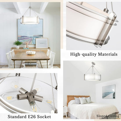 20.4''Drum Chandelier,5-Light Brushed Nickel Modern White Fabric Chandeliers,Farmhouse Round Pendant Light Fixture for Dining Room Kitchen Island Living Room Bedroom Hallway