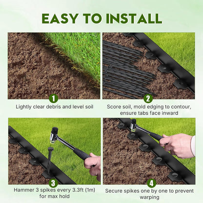 No Dig Landscape Edging 4" x 66FT Kit, Plastic Edging for Landscaping with 200 Spikes, for Garden, Lawn, Flower Beds and Yard