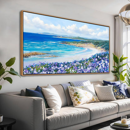 Mofutinpo Coastal Beach Wall Art,Large Purple Flower Landscape Canvas Wall Art for Living Room & Bedroom Decor, Framed Blue Beach Pictures & Paintings for Walls,Ocean Artwork for Home & Office 29x58IN