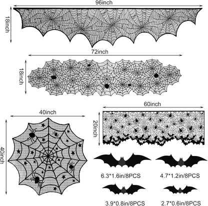 5Pack Halloween Decorations Indoor Halloween Decor Black Lace Table Runner Fireplace Mantel Scarf Round Tablecloth Cobweb Lampshade with 32 Pcs 3D Bat Wall Stickers