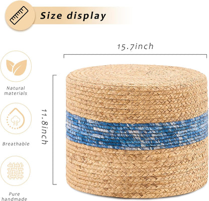 Handwoven Water Hyacinth Ottoman Pouf, Round Outdoor Footstool with Sturdy Frame, No Assembly Needed, Boho Accent Stool for Indoor & Outdoor Use – Patio, Balcony, Living Room (Blue)