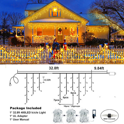Icicle Lights for Outside, 33FT 400 LED Icicle Christmas Lights Outdoor, Waterproof & 8 Modes & Timer, Plug in Twinkle String Light for Indoor Patio Party Wedding Xmas Holiday Decorations, Warm White