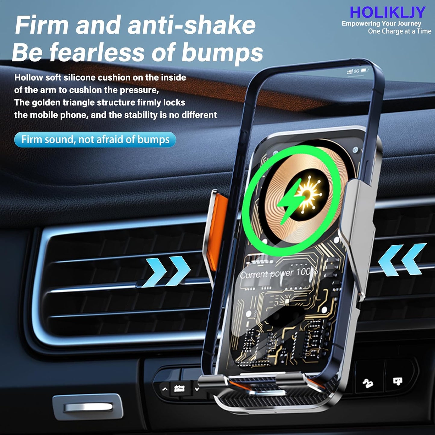 Wireless Charger Holder, Auto Clamp Vent Phone Mount - 15W Fast Charging Dual Induction Car Phone Mount with Transparent Design for iPhone 16 Pro Max 15 14 13 12 11, Sumsung S24 S23 S22 Series