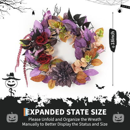 GarveeHome 18 Inch Halloween Wreath, Halloween Garland with Artificial Roses & Spiders, Indoor Outdoor Holiday Accent Decoration for Front Door Porch Wall Home Party Window, Red & Purple