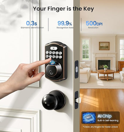 Veise Fingerprint Door Lock with 2 Knobs - Keyless Entry Door Lock with Handle, Electronic Keypad Deadbolt, Smart Front Handle Set, Auto-Locking, Waterproof, Easy Installation, Oil-Rubbed Bronze