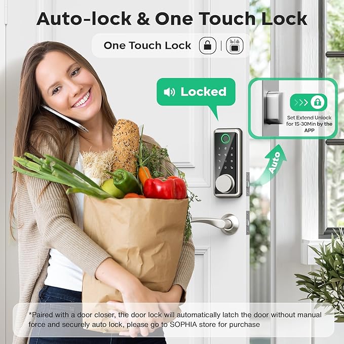 Sophia Keyless Entry Door Lock, Smart Auto Locks for Front Door & Key Fobs & Remote Control, Keypad Deadbolt Digital, Fingerprint Door Lock with Code, Cerraduras Inteligentes, IP68, Satin Nickel