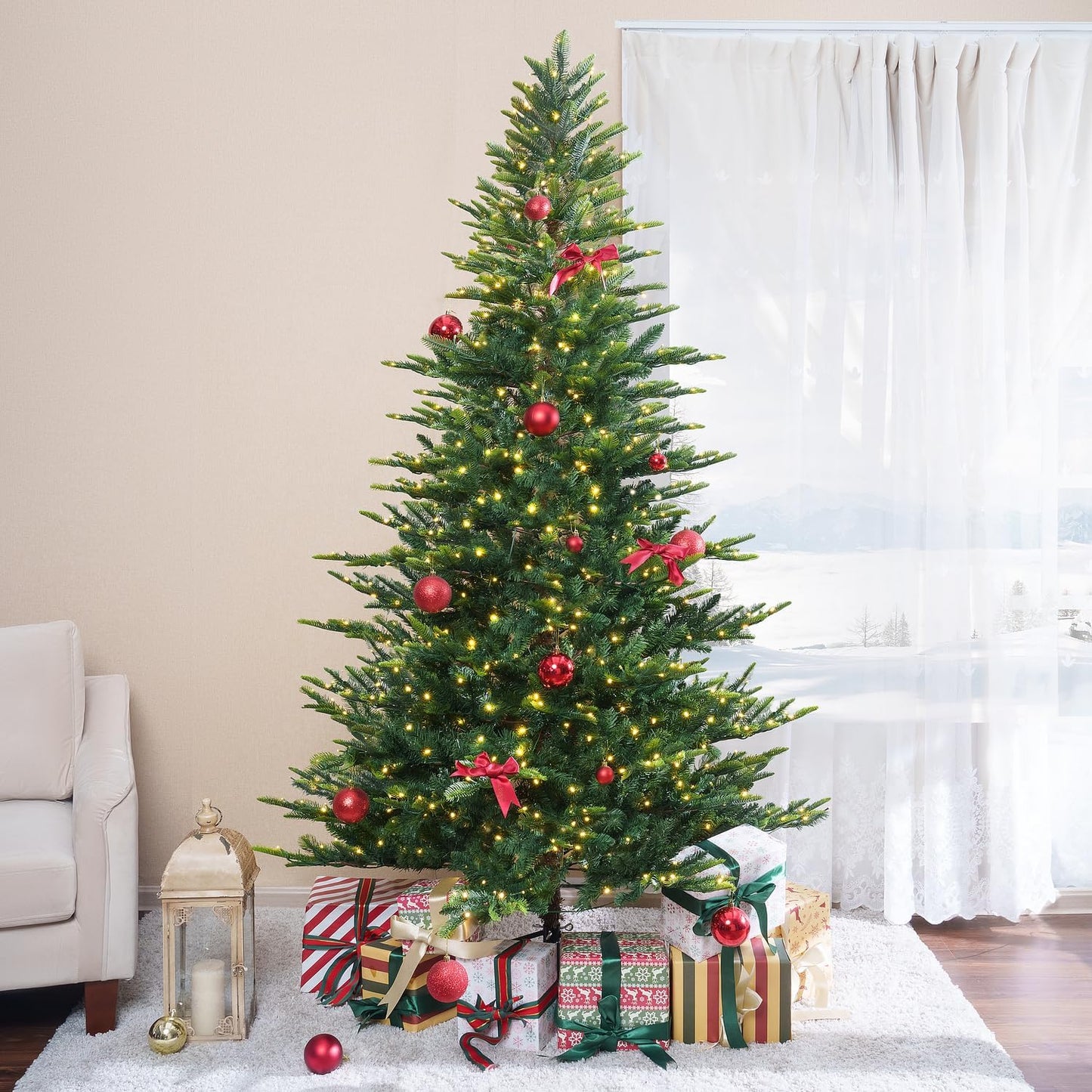 Naomi Home 6.5ft Nordic Christmas Tree with Lights, Realistic Charming Prelit with 921 Branch Tips, 500 Warm Lights and Metal Stand, Aritificial Tree