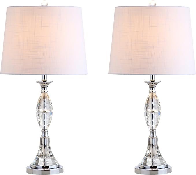 JONATHAN Y 25.5" Clear/Chrome Crystal Table Lamp Set of 2 for Bedroom, Traditional French Country Lamps for Living Room, White Linen Drum Shade, LED Bulbs Included JYL2041A-SET2