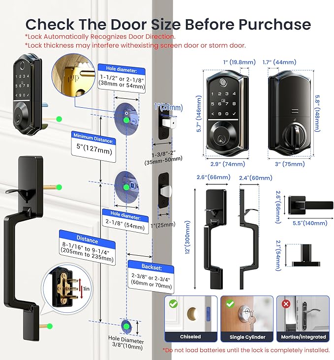 Veise VE017-D Smart Fingerprint Front Door Lock Set, App Control, 8-in-1 Keyless Entry Deadbolt with Lever Handle, Touchscreen Keypad, IP55 Weatherproof, Auto Lock, Easy Install, Matte Black