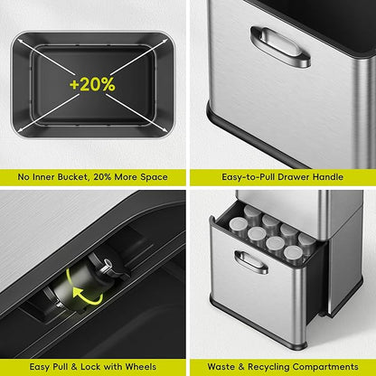 EKO Vintage 50L / 13.2 Gallon Motion Sensor Trash Can, Dual Compartment 32L + 18L Stainless Steel Kitchen Garbage Bin, Touchless Automatic Waste & Recycling Bin with Lid for Home or Office