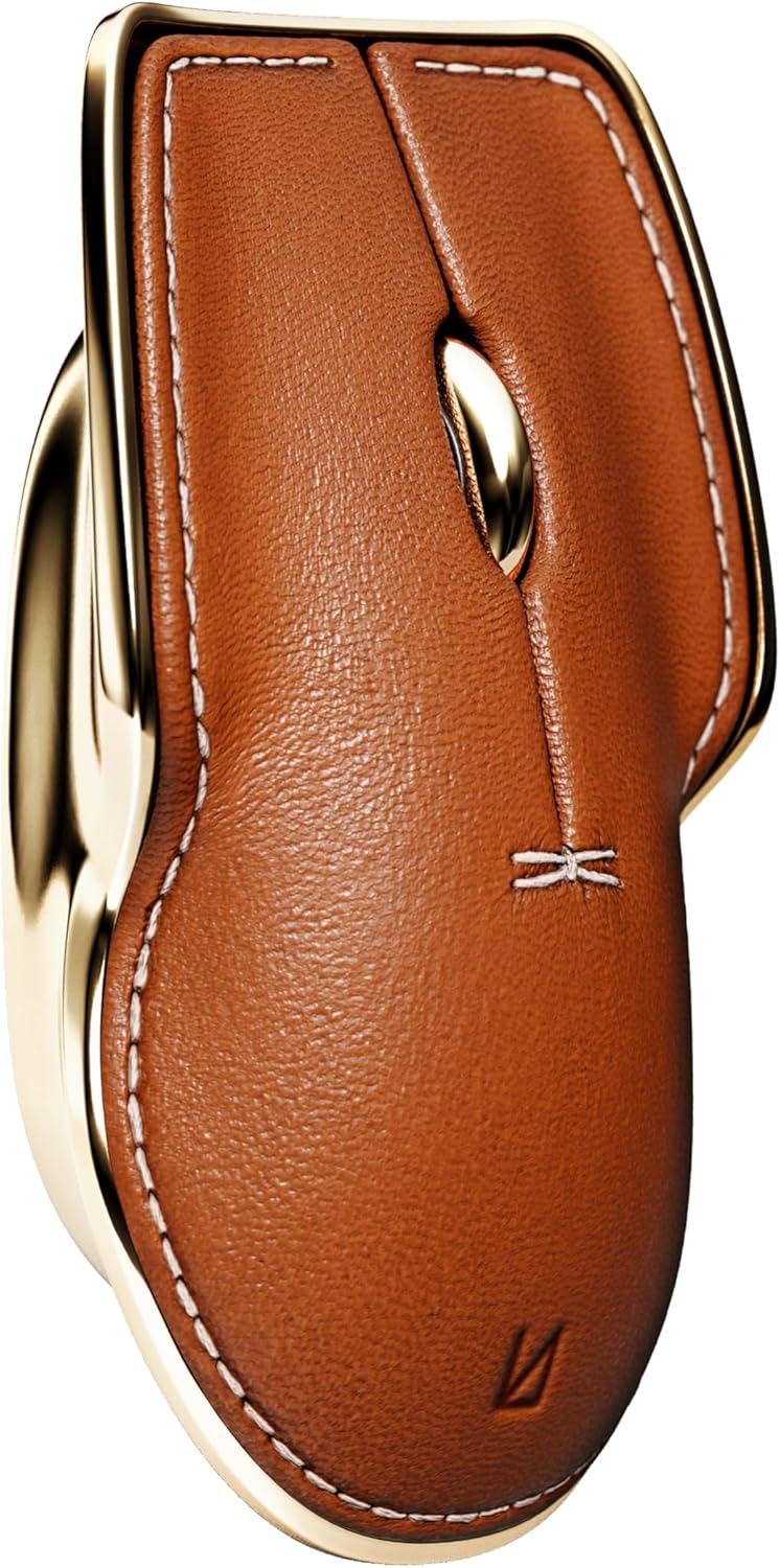 LUNAR ARTEFACTS Ambidextrous Rechargeable Bluetooth Wireless Computer Mouse Brown French Leather and Gold Tone Plated Aluminum, Qi Enabled USB-C