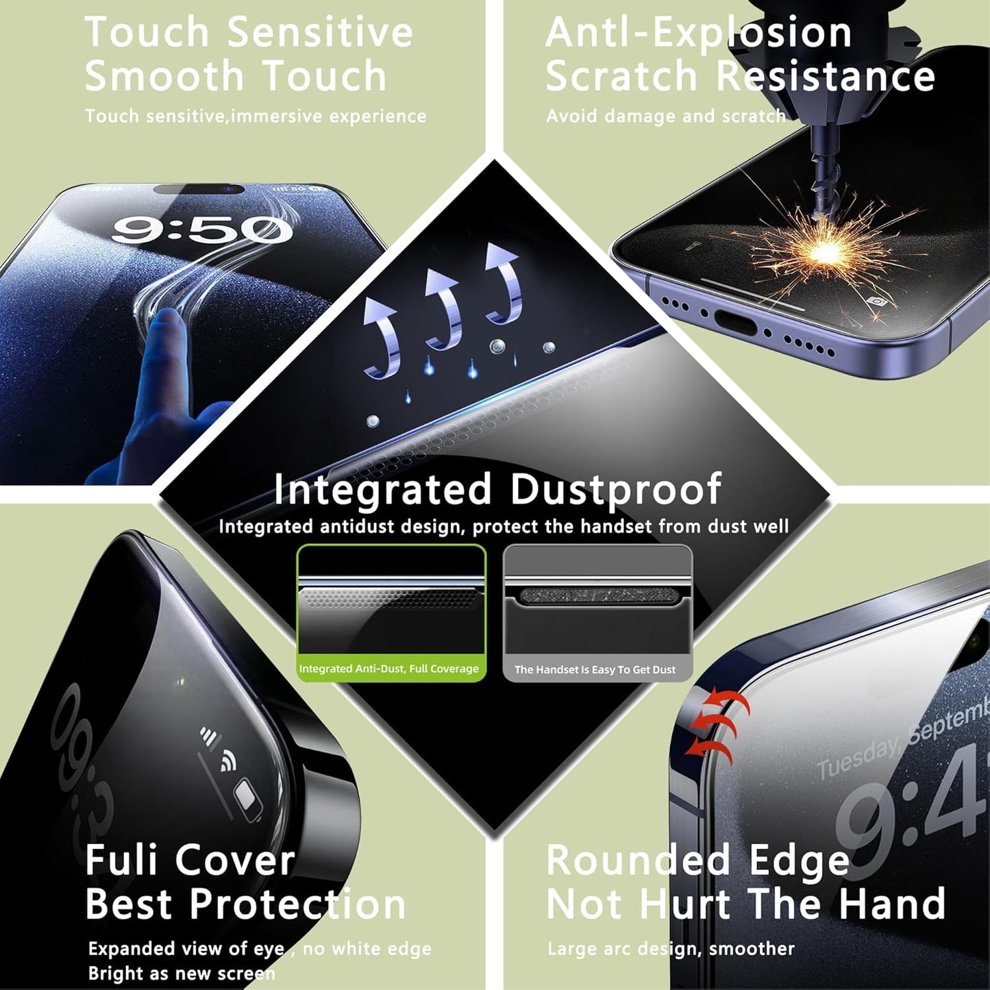 (2-Pack Anti Blue Light Matte Screen Protector for iPhone 16 Pro (6.3-Inch),9H Tempered Glass,Anti-Glare,Full Coverage,Anti-Fingerprint,Auto Dust Removal,Bubble-Free