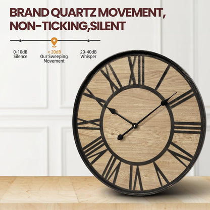 Large Wall Clock for Living Room Decor, Non Ticking Silent, Battery Operated Modern Vintage Wood Oversized Decorative Wall Clock for Bedroom Kitchen Farmhouse Office Decor