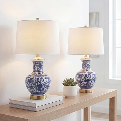 JONATHAN Y 25.25" Blue/White Ceramic Ginger Jar Table Lamp Set of 2, Traditional Brass Gold Base for Living Room Bedroom, White Linen Drum Shade, LED Bulbs Included JYL1072A-SET2