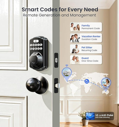 Veise VE012W-K Built-in WiFi Fingerprint Smart Lock with 2 Knobs, No Hub Needed, Remote APP Control, Keyless Entry Door Lock, Smart Deadbolt for Front Door, Auto Locking, Matte Black