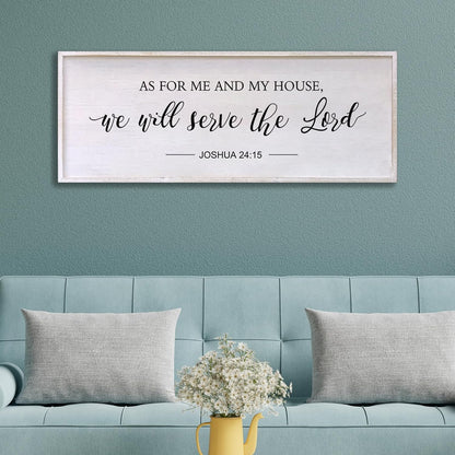 As for Me and My House We Will Serve the Lord Wall Decor - 32" x 12" Large Rustic Family Living Room Wood Framed Home Sign Joshua 24 15 Christian Bible Verse Plaque Hanging Wall Art(White)