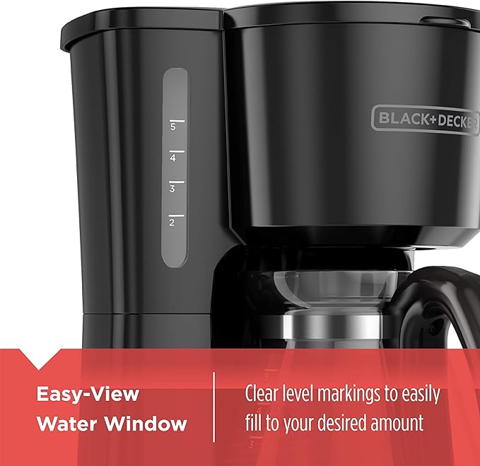 BLACK+DECKER 5-Cup Coffee Maker with On/Off Switch, Sneak-A-Cup Feature, and Easy-View Water Window, Black