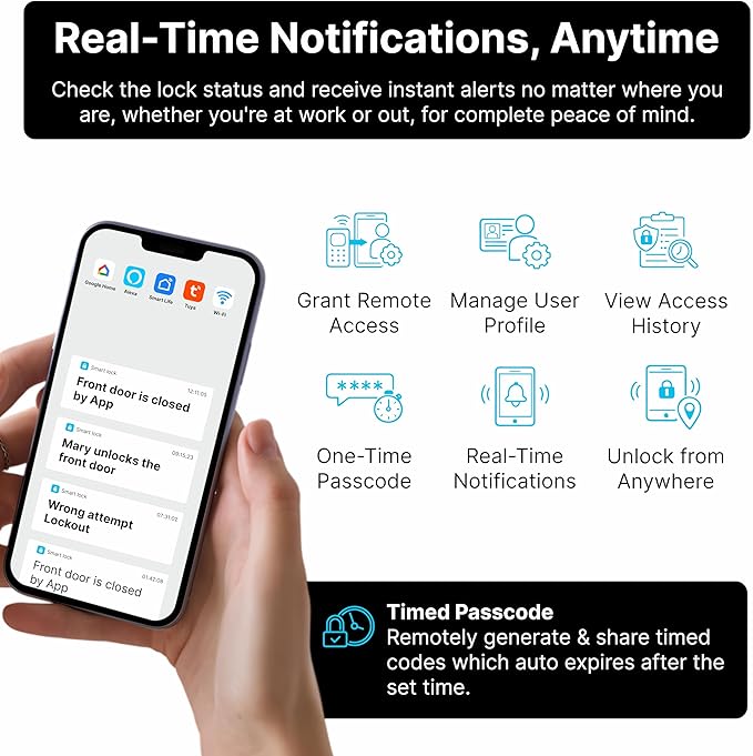 Miko i7 App & WiFi Smart Lock for Front Door - Fingerprint Keyless Entry Door Lock Deadbolt with Key Fob, Keypad, Auto Lock and Doorbell for Front Door, Waterproof & Easy Installation, Black