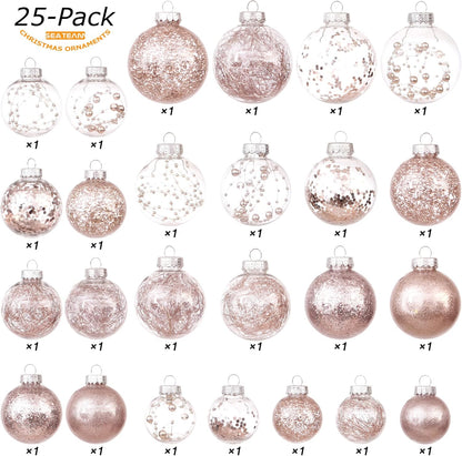 Sea Team Multi-Size Shatterproof Clear Plastic Christmas Tree Ball Ornaments Set, Decorative Hanging Transparent Xmas Baubles with Stuffed Delicate Decorations (25 Counts, Rose Gold)