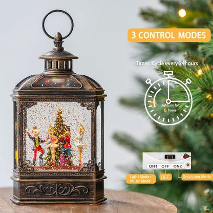 Christmas Snow Globe Lantern Water Glittering Nutcracker Ballet Stage with Music & Timer, USB Lined/Battery Operated Lighted Lantern for Christmas Festival Decoration Gifts